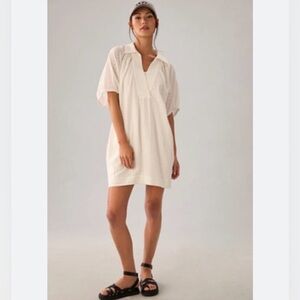 Anthropology Gauze White Polo Collar Vneck Seersucker Texture Mini Tunic Dress S